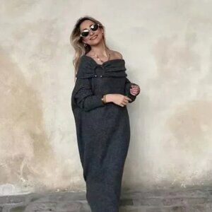 Zara Draped Soft Elegant Knitwear Off-Shoulder Gray Dress